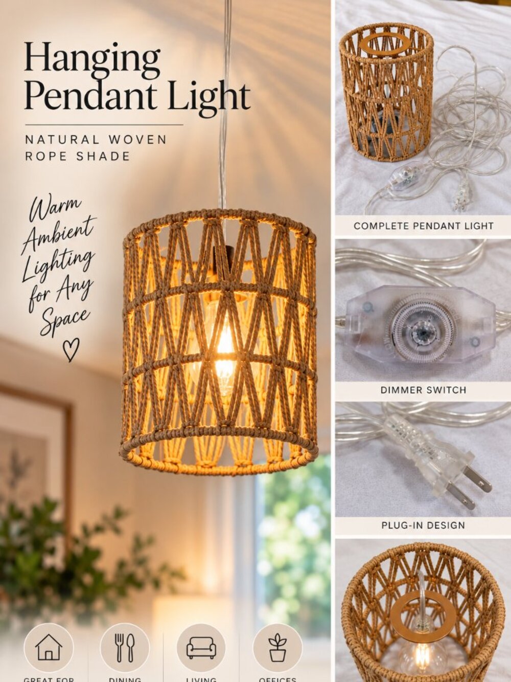 Woven Rope Hanging Pendant Light Plug In Dimmer Boho Natural Shade